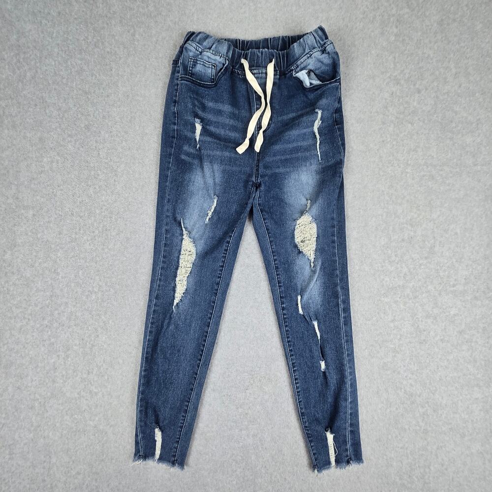 Unbranded 24" Elastic Waist Drawstring Jeans Distressed Raw Hem